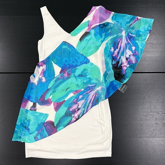 Bebe White Mini Dress with One Shoulder Asymmetric Sheer Printed Draped Cover -M - Picture 3 of 8